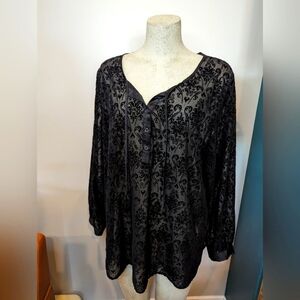 Penningtons Black Velveteen and Mesh Paisley Burnout Blouse Size 1x